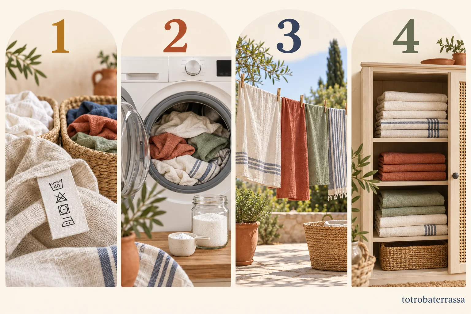 Guía visual para separar, lavar, secar y guardar los textiles del hogar.